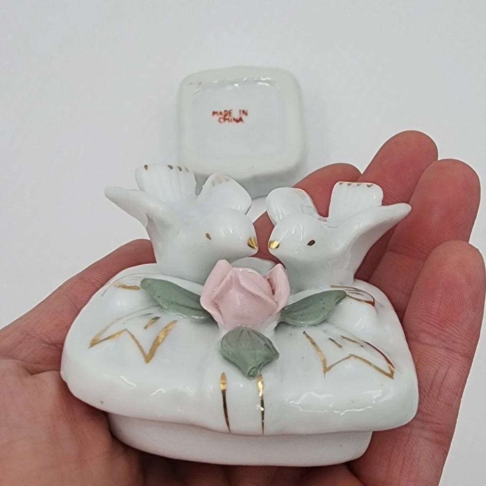 Porcelain Trinket Box Love Birds Pink Rose Gold Trim Square Ring Holder China